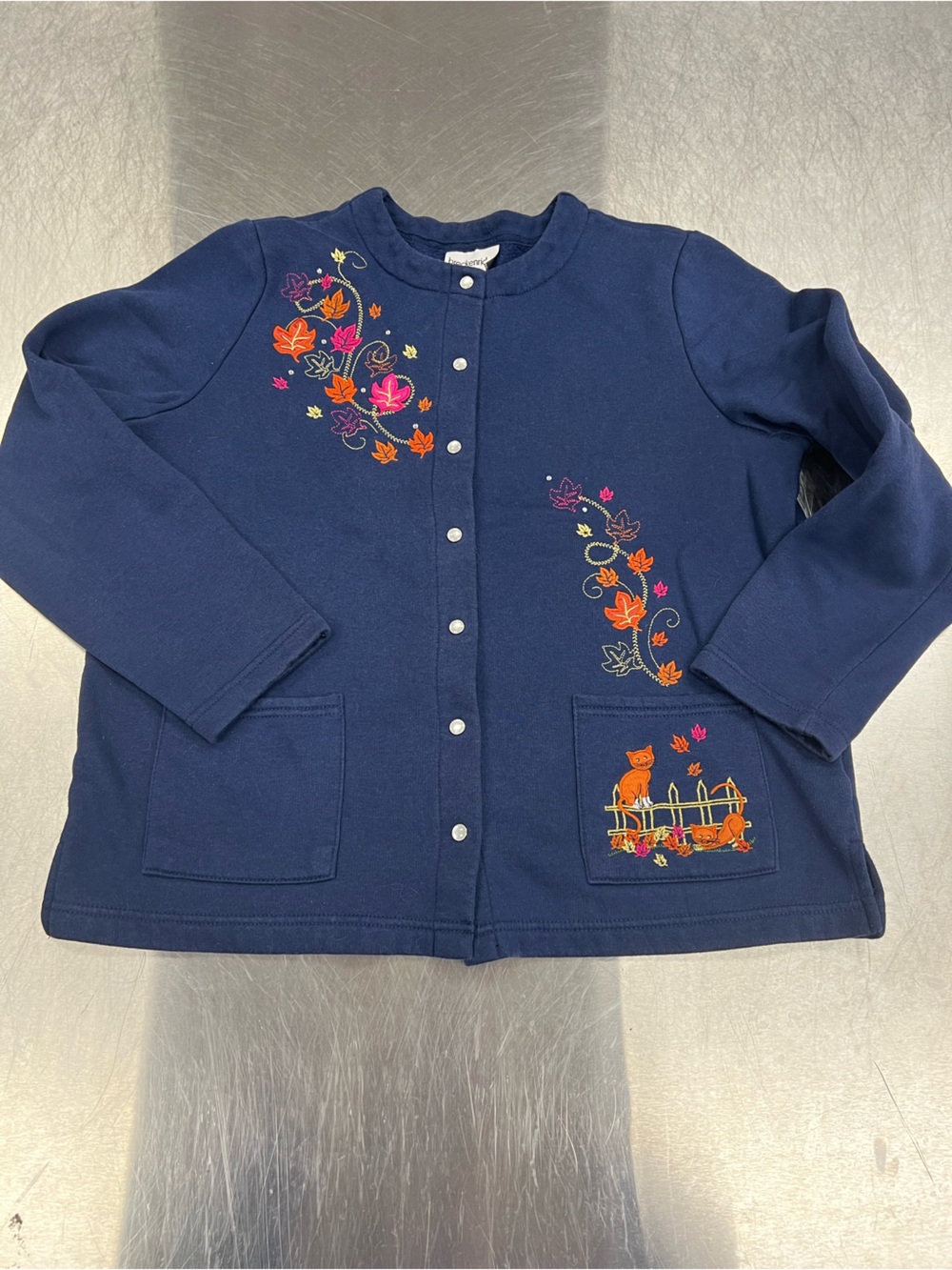 breckenridge Navy Embroidered Fall Floral & Cat Snap-Front Cardigan Women’s L